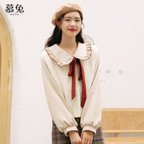 Mu rabbit doll collar corduroy shirt women age wear 2021 new autumn retro sweet bubble sleeve top