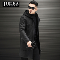 Haining original ecological sheep fur one male long leather leather jacket hooded leather windbreaker wool liner jacket
