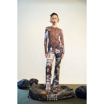 (Fashion Week) Painted Moon Show Printed Net Yarn Elastic Waist Casual Pants Straight Barrel Long Pants Spring Art Cooperative