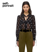 self-portrait classic black and white dotted lace-up chiffon shirt top