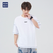 Hanska Short-sleeved T-shirt mens 2022 summer new panels crew neck loose and versatile Korean trend half-sleeve top