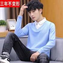 2021 autumn new fake two pieces sweater men loose casual solid color thin shirt collar men cardigan