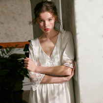 Dust Xi night dress womens autumn lace half-sleeve V-neck medium-long knitted cotton home clothes spring and Autumn court style pajamas