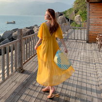 2021 summer new Sanya travel photo slim dress seaside resort beach dress yellow dress fairy