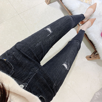 Black jeans women with thin velvet high waist thin 2021 autumn fake hole irregular broken edge tight pants