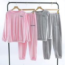 Flannel long-sleeved trousers Home clothes Pajamas Autumn and winter adult warm suit Plush foot coral velvet living clothes