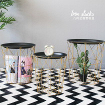 Nordic ins wrought iron modern simple living room bedroom small tea side round table dual-purpose storage Blue