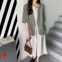 (Time limit 6 fold) high quality linen Korean version ins minimalist buckle-free V-collar sleeve suit F0706