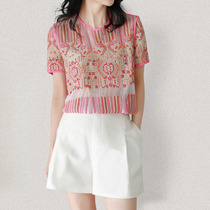 Beautiful to scream West BAN tooth color thousand Needle Embroidery heavy industry round neck silk shirt female spring summer home 192K special