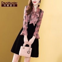 Dumnell socialite temperament mosaic floral dress autumn dress 2021 new fake two pieces waist skinny skirt