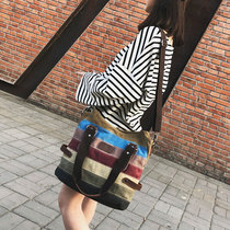 2019 summer and autumn Korean version of the tide women striped canvas extremely simple casual handbag large capacity shopping bag student school bag