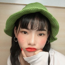 ins wool hat womens winter green knitted wool basin hat Fisherman hat Knitted hat Womens autumn and winter Korean version of Japanese wild