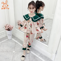 Childrens pajamas female parent-child cotton baby spring long sleeve suit middle child cartoon autumn mother and daughter Princess home clothes