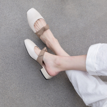 KAKY spring vintage square head slippers women outside wear buns flat bottom sandals bow color half slippers Muller shoes