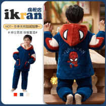 Child Flannel Boy Pyjamas Winter Plus Suede Thickened 3-layer clip Cotton Coral Suede Autumn Winter Boys Home Clothing