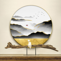New Chinese hand-painted oil painting round landscape painting gold foil porch study decoration painting modern living room background wall hanging painting