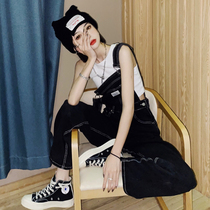 Denim overalls womens Korean version loose 2022 spring new fashion age-reducing and thin black straight-leg wide-leg pants
