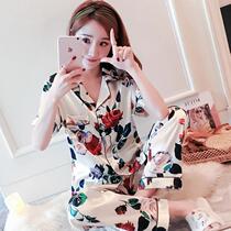 (1) Ice silk pajamas womens summer short-sleeved simulation silk thin sexy home clothes student suit