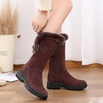 Leather snow boots womens middle tube winter plus velvet padded long cotton boots thick bottom non-slip high size boots flat bottom