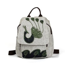 2019 new cotton and hemp shoulder vintage womens zipper backpack peacock pattern school bag M9355
