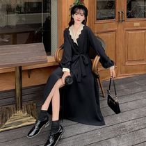 Fall winter 2020 new French dress women's autumn and winter bow waist V-neck split small black dress