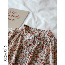 Xiaoxijia) Summer clothes thin hanging stand-up collar long-sleeved floral shirt womens chiffon shirt loose thin shirt top