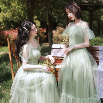 Green bridesmaids with fairy temperament 2021 Summer new medium length Slim Sister Regiment Gown Dress Lady Brief atmosphere