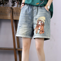 Han Soyi Retro Art Shorts Womens Summer New Loose Embroidery Big Eyes Girl Denim 50% Pants Straight Barrel Pants