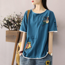 Han Soyi Retro Art Summer Womens Dress Pure Cotton T-Shirt Woman Short Sleeve Design Sensation Small Crowdcat Owl Embroidered Blouse
