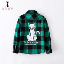 Childrens plaid shirt Early autumn cat print boys cotton shirt Medium and large childrens long-sleeved inch clothes Tide baby 3641