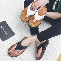 Flip-flops male tide summer leather pinches personality social slippers men wear beach non-slip soft bottom toe sandals