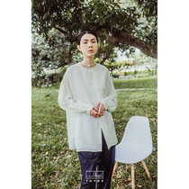 (Fashion Week) Painted Moon Design Walking Show Numb White Shirt Long Sleeve Disc Buckle Loose Intellectual Elements Wind Blouse