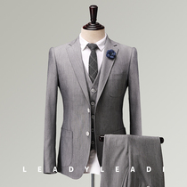 Suit suit Mens Four Seasons business leisure Korean slim suit gray groom wedding dress three-piece set