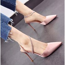 Sandals Wind Summer New Korean version Pointed Silk Satin Fine Heel High Heel Shoes Water Drill Pink Wedding Shoes Woman