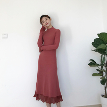 Gentle Wind knit one-piece dress High collar fit large clothes bottom thickened Long dress Supper and lean autumn Winter and nude hitch