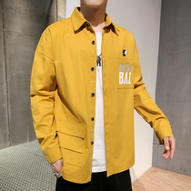 Bright yellow jacket mens long sleeve Korean version of the trend loose bright color shirt coat with pockets for autumn clothes