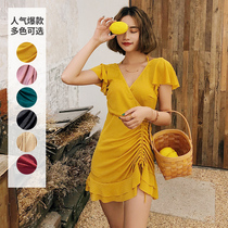 Korean skirt one-piece swimsuit Female sense V-neck fashion ruffle island vacation swimsuit side drawstring thin