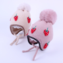 Baby hat winter ear protection wool hat 1-2 years old children cute strawberry plus velvet warm knitted hat female baby