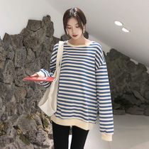 Pregnant womens sweater autumn Korean loose pullover long sleeve casual large size coat tide mom round neck pullover stripe autumn dress