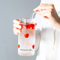 Strawberry glass cup with straw Summer high facial value net red female student Forest department simple ins style personality