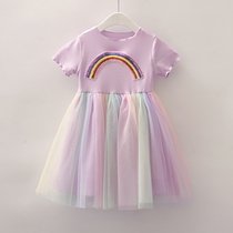 Korean girl short sleeve dress 2021 middle - middle - middle - aged childrens gas dress baby rainbow Pomponti Princess skirt