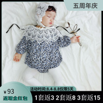 ins Baby girl baby long sleeve floral princess one-piece romper hat lace collar three-piece summer thin section 1