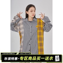 Colombiana CBIANA tide brand contrast stitching plaid shirt National tide hem asymmetrical silhouette shirt