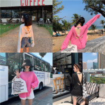 Korean net celebrity new beach sunscreen clothes long-sleeved beauty back fashion cross T-shirt pullover candy color air conditioning blouse
