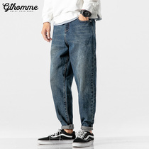2021 autumn new mens jeans Japanese loose straight pants youth washed all-match small feet trousers tide brand