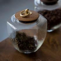 Japanese-style hammered wood cover Copper handle tea warehouse sealed storage tank Household Kung Fu tea storage tank Glass tea tank