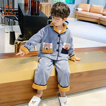 Childrens pajamas autumn and winter coral velvet thick warm set cartoon baby boy big boy flannel home clothing
