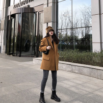 New brown and yellow wool suit jacket Autumn and winter loose profile temperament suit top women