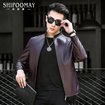 2021 Haining new leather leather jacket men sheepskin motorcycle leather jacket short stand collar thin slim Korean version of the jacket