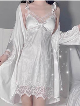 Sexy Ice Silk Pajamas White Lace Two Piece Spring Summer Camisole Breast Pads Sleepwear Women's Pure Desire Lace Dresses